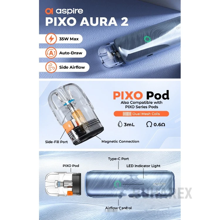 Aspire PIXO Aura 2 35W Pod Sistem renk seçenekleri Aspire PIXO Aura 2 35W Pod Sistem renk seçenekleri ve cihaz görünümü